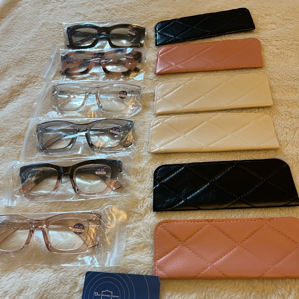 6 pair , +1.25 reading glasses, blue light filters, soft cases
